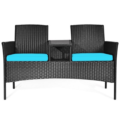 Tangkula Outdoor Patio Rattan Wicker Conversation Set Loveseat Sofa with Coffee Table
