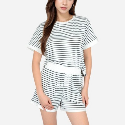 Anna-Kaci Lounge Women's Striped Lounge Set with Cuffed Short Sleeve Top and Elastic Waist Shorts