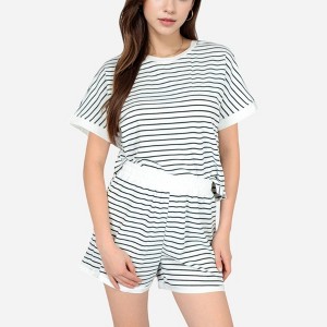 Anna-Kaci Lounge Women's Striped Lounge Set with Cuffed Short Sleeve Top and Elastic Waist Shorts - 1 of 4