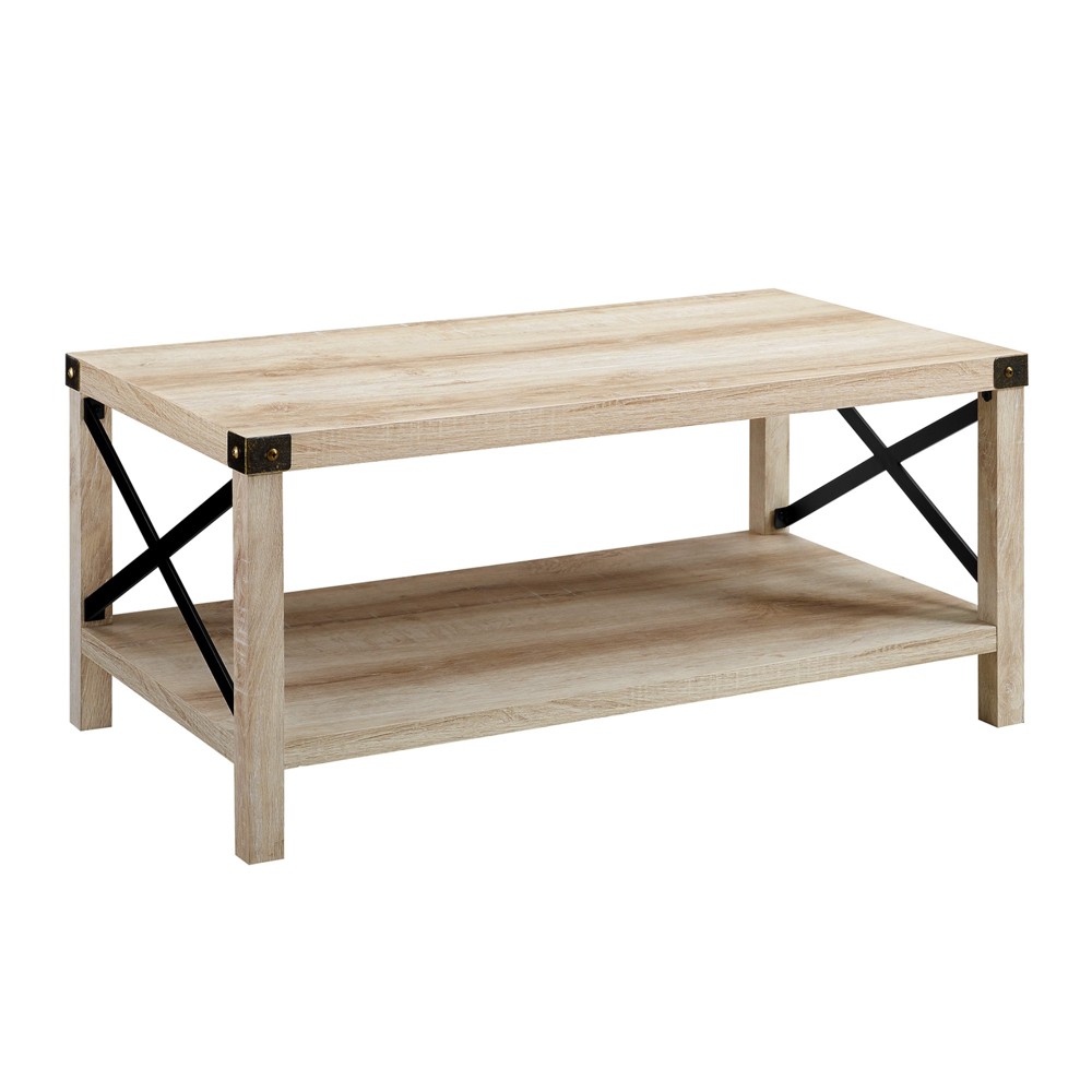 Sophie Rustic Industrial X Frame Coffee Table White Oak - Saracina Home: Laminated Surface, Farmhouse Style, Rectangular Shape, Shelf Storage