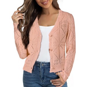 INSPIRE CHIC Women's Long Sleeves Button Down Knit Hollow Out V Neck Cropped Sweater Cardigans Peach Pink X-Large - 1 of 4