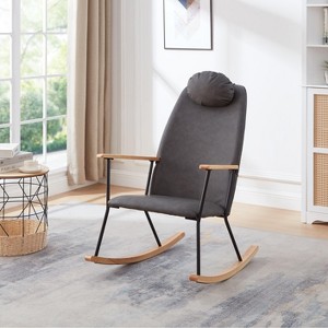 Adjustable Headrest Pillow Rocking Chair, Technical Leather Upholstered Glider Rocker with High Backrest - 1 of 4