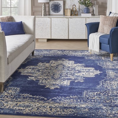 Extra Large Navy Blue Medallion Synthetic Area Rug