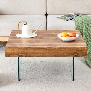 XIYUYEU Square Wooden Coffee Table with Tempered Glass Legs,Density Board Sticker Center Table for Living Room - 1 of 4