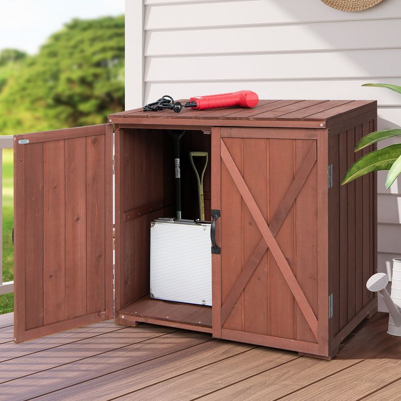 Costway Storage Cabinet with Double Doors Solid Fir Wood Tool Shed Garden Organizer, 2 of 11