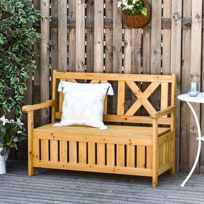 VYNXARIA Outsunny Wooden Storage Bench - 29 Gallon Outdoor Bench with Unique X-Shape Back