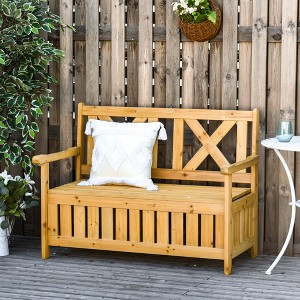 VYNXARIA Outsunny Wooden Storage Bench - 29 Gallon Outdoor Bench with Unique X-Shape Back - 1 of 4