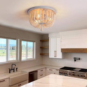 DORESshop 3-Light Boho Farmhouse Drum Flush Mount Ceiling Light Fixture Wood Beaded Chandelier for Hallway Baby's Nursery Bedroom - 1 of 4