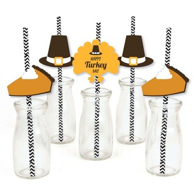 Big Dot of Happiness Happy Turkey Day Paper Straw Decor - Thanksgiving Striped Decorative Straws - Set of 24