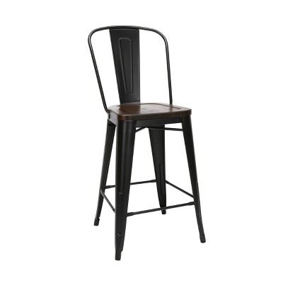 Set of 4 26" Industrial Modern High Back Galvanized Steel Counter Height Barstool with Solid Ash Wood Seats Black/Walnut - OFM