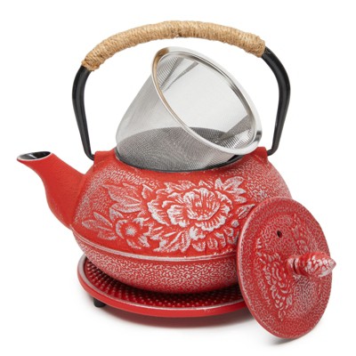 Juvale 27 oz Red Japanese Cast Iron Teapot Set, Loose Leaf Tetsubin with Handle, Infuser, Trivet, 800 ml