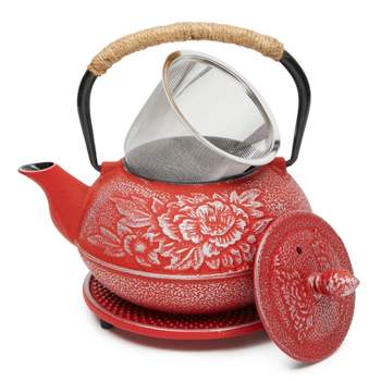 Pink Floral Cast Iron Teapot Kettle with Stainless Steel Infuser (34 oz)