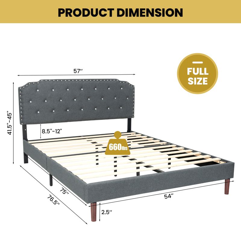 Costway  Upholstered Bed Frame Adjustable Diamond Button Headboard Easy Assembly, 4 of 13