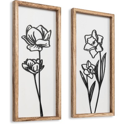 Attop 3D Black and White Wall Art (Set of 2) Lightweight, Wooden Ready-to-Hang Framed Floral Wall Art Boho