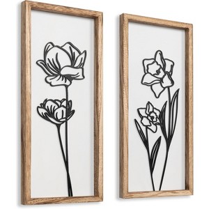 Attop 3D Black and White Wall Art (Set of 2) Lightweight, Wooden Ready-to-Hang Framed Floral Wall Art Boho - 1 of 4