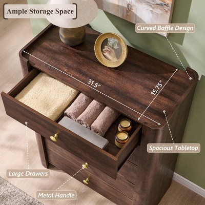 Modern 5 Drawer Dresser with Curved Profile 39.6 "Tall Wooden Chest with Golden Metal Handles Storage Cabinet for Bedroom Living Room Hallway