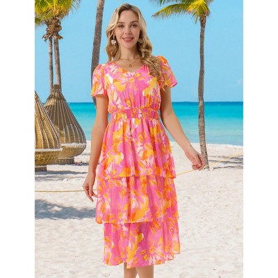 Женские платья INSPIRE CHIC Women's Floral V Neck Short Sleeve Ruffle Tiered Layered Swing Summer Midi Dress Hot Pink Small — фото 2