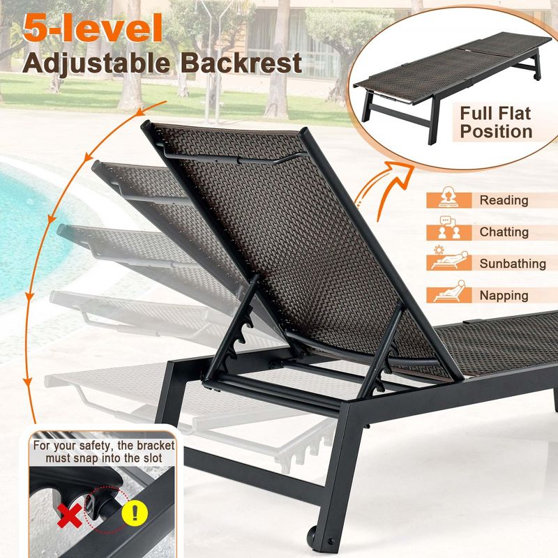 Costway Patio Galvanized Steel Chaise Lounge with Wheels Outdoor PE Rattan Recliner Chair, 5 of 9