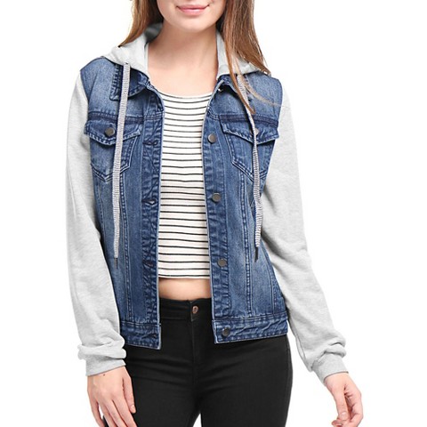 Женские куртки INSPIRE CHIC Women's Regular Fit Layered Drawstring Hood Denim Jacket with Pockets Medium Dark Blue