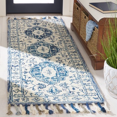 Handmade Ivory and Blue Wool Cotton Tufted Runner Rug