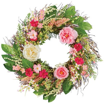 Collections Etc Pink Roses With Berries And Greenery Hanging Wreath ...