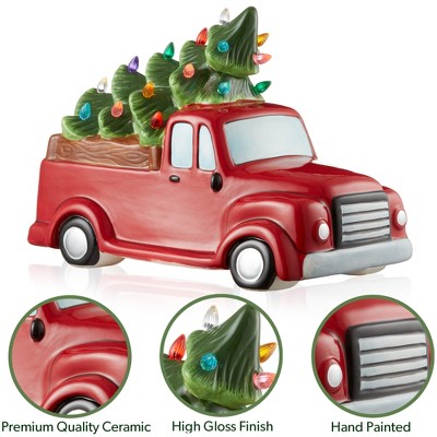 Hand-Painted Red Ceramic Christmas Truck with Green Tree and LED Lights