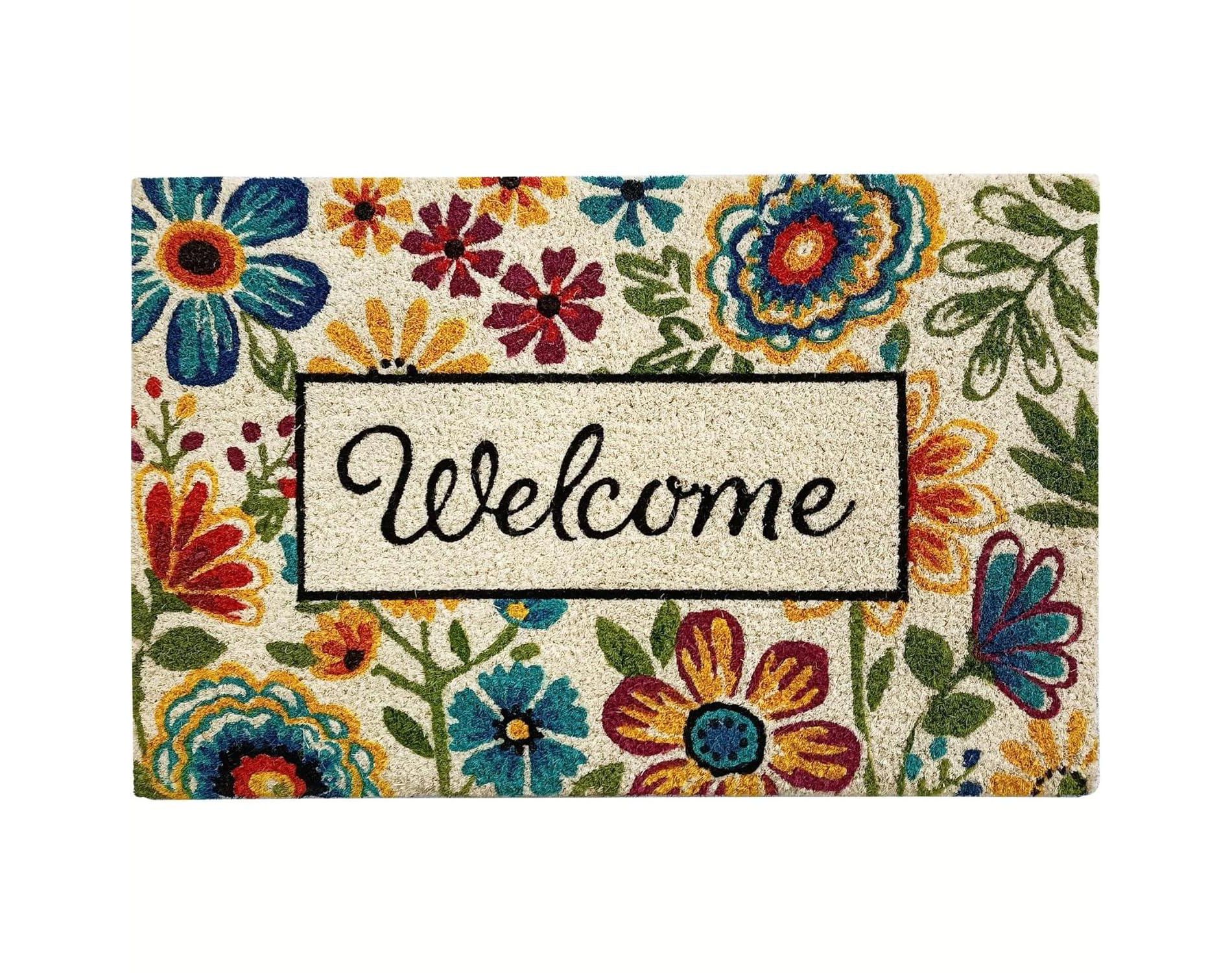 Kashi Home Coir Door Mat 28" x 18"Printed Outdoor/Indoor Mat with Non-Slip Backing, Durable Entryway Rug, Front Door Porch Welcome Mat