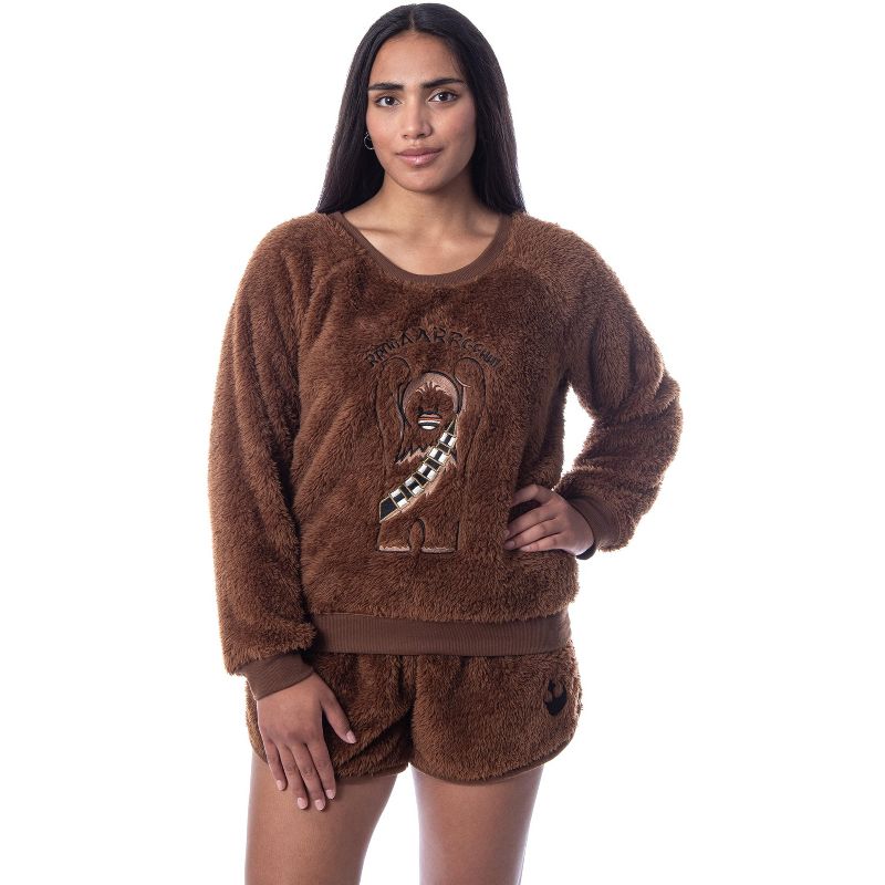 Star Wars Womens' Chewbacca Roar Sweater and Shorts Sleep Pajama Set Brown, 1 of 6