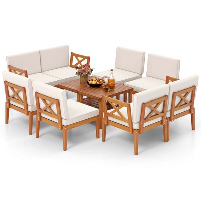 Tangkula 10 PCS Patio Furniture Set Acacia Wood Outdoor Sectional Conversation Set with Cushions and 2-Tier Coffee Table