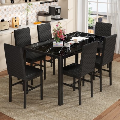 Hooseng Modern Luxurious Style 5/7 Piece Dining Room Table Set, Tempered Glass Top Dining Table Set for 4/6, Metal Frame And Upholstered Dining Chairs