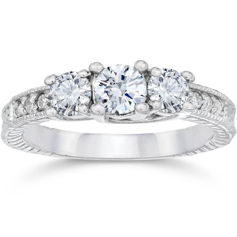 Pompeii3 1 Carat Vintage 3-Stone Diamond Engagement Anniversary Ring 10k White Gold, 1 of 5