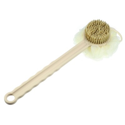 Unique Bargains Double Sided Bath Brush Wood Back Scrubber with Long Handle  for Shower 14.6 Inches Brown 1 Pcs