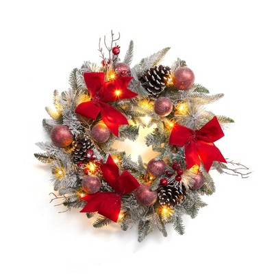Pre-Lit Artificial Christmas Wreath 24", Snow Flocked Front Door Decorative Xmas Wreath with Warm Lights, Christmas Balls