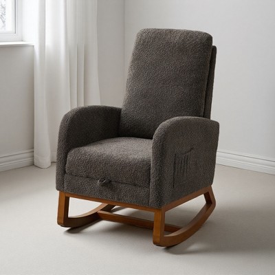 25.4" Boucle Rocking Chair with Retractable Footrest and Side Pocket