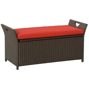 29 Gallon Patio Wicker Storage Bench, Outdoor PE Rattan Patio Furniture, 2-In-1 Large Capacity Rectangle Garden Storage Box with Handles and Cushion - 1 of 4