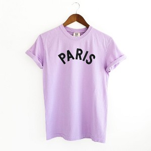 Simply Sage Market Women's Embroidered Paris Arched Short Sleeve Garment Dyed Tee - L - Orchid - 1 of 3