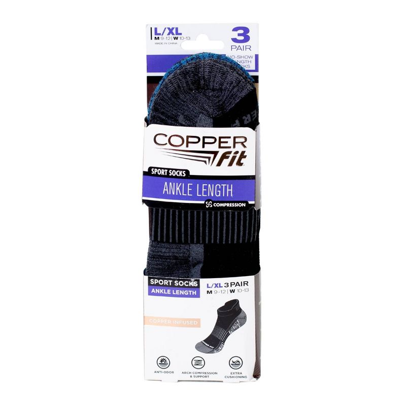 Copper Fit Men&#39;s Ankle Socks L/XL 3pk - Black, 3 of 5