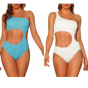 INSPIRE CHIC Women's One Shoulder Asymmetric Waist Cutout Ribbed Swimwear Monokini 1 Piece 2 Sets - 1 of 4