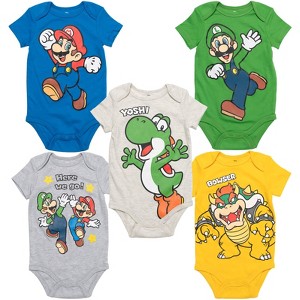 SUPER MARIO Nintendo Mario Yoshi Donkey Kong Toad Bowser Lugi  
 Newborn Baby Boys 5 Pack Short Sleeve Bodysuits - 1 of 4