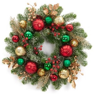 16" Pre-Lit Christmas Wreath with 30 LED Battery Lights, Snow Flocked, for Front Door, Fireplace, Wall, Window, or Outdoor Holiday Decor - 1 of 4