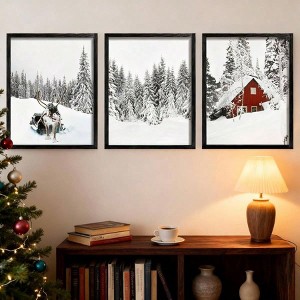 Set of 3 Farmhouse Winter Wall Art Framed Snow Forest Wall Decor Reindeer Holiday Home Decor 12x16 Black - 1 of 4