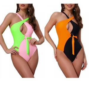 INSPIRE CHIC Women's Criss Cross Color Block O Ring Side Tie Strappy Swimwear Monokini Suit 2 Sets - 1 of 4