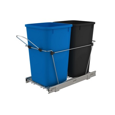 Rev-A-Shelf RV-15KD-2218C-S Double 27 Quart Sliding Pull Out Waste Containers Garbage Trash Recycling Bins for Kitchen Cabinets, Blue and Black