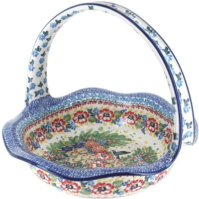 Blue Rose Polish Pottery Hummingbird Round Basket