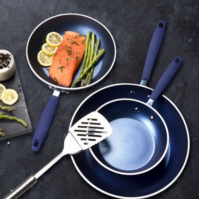 Blue Aluminum Nonstick Fry Pan Set with Silicone Handles