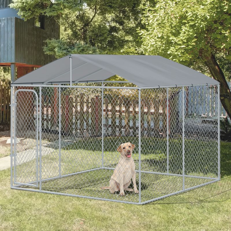 PawHut Outdoor Metal Dog Kennel, Pet Playpen with Steel Lock, Mesh Sidewalls and Cover for Backyard & Patio, 3 of 9
