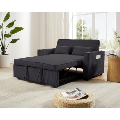 MYINDA 52.3'' * 68.9'' Pull Out Sofa Bed, Corduroy with USB Port, Side Pockets and Cup Holders