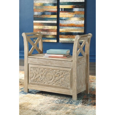 Transitional Beige Whitewashed Storage Accent Bench with Carved Florals