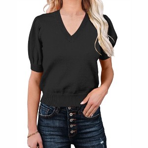 Womens V Neck Sweater Tops Lightweight Soft Sweater Knit Shirts Ribbe Cuff Short Lantren Sleeve Sweater - 1 of 4