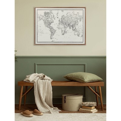 Vintage Black and White World Map Canvas with Gold Beaded Frame, 28" x 38"